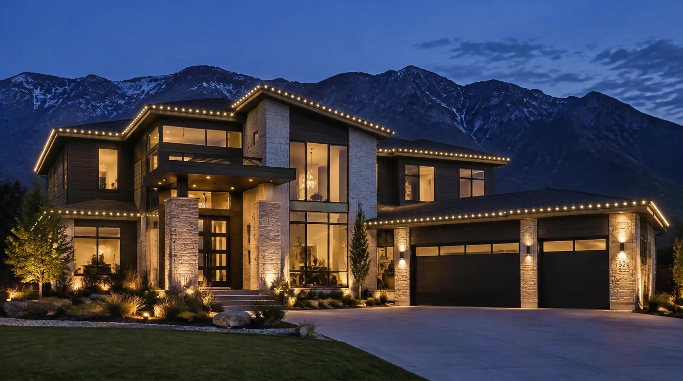 Modern home at night with warm white permanent lights along every roofline against a mountain backdrop